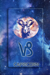 Wall Mural - zodiac picture of  Capricorn, astrological symbol and name over blue space background with stars like astrology concept of all zodiacal signs