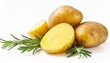 raw new potatoes and rosemary creative layout isolated on white background
