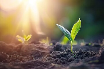 Canvas Print - Nurturing embrace of earth young sapling symbolizes miraculous journey of growth and life in heart of nature small but resilient plant set against backdrop of fertile soil is vibrant and gardening