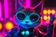 © Sunny - Cute cat DJ in neon colors with glasses and a suit in a nightclub at a party against blurred neon background