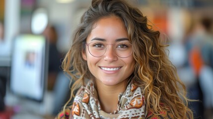 Fototapete - Enthusiastic Hispanic young woman working on a computer in a bright modern office. Confident Human Resources Agent smiling happily while working online.