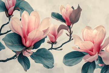 Wall Mural - Blooming Magnolias: A Delicate Floral Beauty on a Vintage Floral Wallpaper