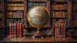 © Zaleman - Retro style. Vintage background. Vintage globe with bookshelf. Science, education, travel, vintage background. History and geography team.