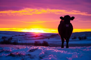 Wall Mural - vibrant sunset behind a silhouette of a cow on an icy terrain