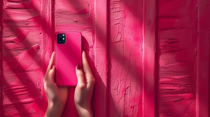 Poster - A black screen mobile phone in a female hand isolated on a pink color background. The text space is blank. Trendy collage in magazine urban style. Contemporary art. Modern design.