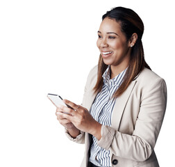 Poster - Business, smile and woman with a cellphone, digital app and consultant isolated on transparent background. Png, person and entrepreneur with a smartphone and contact with connection and digital app