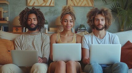 Leinwandbilder - Using modern gadgets on the couch, a group of hipsters sit together. A business startup with a friendship teamwork concept. Creative people working together in order to sell a product. A coworking