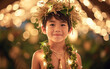A multiracial child smiling and posing for the camera while wearing a lei and a flower crown.