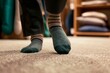 feet with socks stepping on a plush carpet sample in a showroom