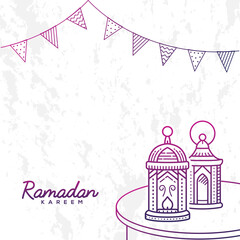 Wall Mural - Ramadan greeting card with hand drawn lantern and hanging flag on grunge background