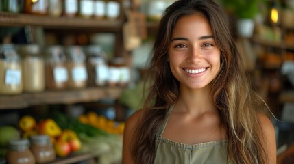 A happy customer with layered hair smiles in front of a shelf filled with jars of natural foods at a fun whole food event