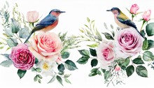 Watercolor Arrangements With Garden Roses Birds Collection Pink Flowers Leaves Branches Decorative Trees Isolated On White Background