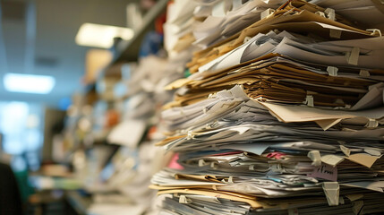 Large stacks of documentation. The office is filled with a huge number of paper documents. The racks are covered with old documentation. Blurred office background. Concept The need to digitize paper.