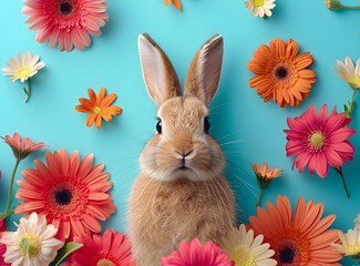 Wall Mural - Cute little fluffy rabbit  in colorful flowers on blue background. Easter bunny with spring flowers. Background for design greeting card, banner, poster