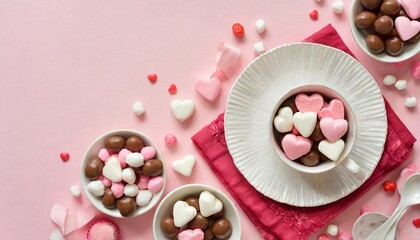 Wall Mural - mothers day or valentines concept flat lay photo of heart shaped saucers with chocolate candies and marshmallow on pastel pink background with copy space sweet valentines card idea