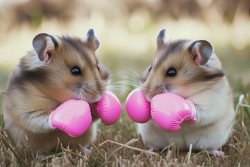 two hamsters face to face, each with pink boxing gloves on paws