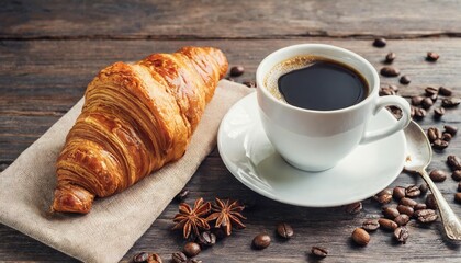 Wall Mural - coffee cup and fresh croissant layout