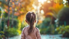 Portrait Of Cute Little Girl With Long Hair In The Park.