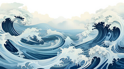 Wall Mural - the painting of a big wave in the ocean, in the style of manga style, light gray and dark blue, traditional japanese motifs, light beige and sky-blue, stimwave, 2d game art, anime-influenced