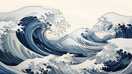 Sticker - a drawing of the great wave in water, in the style of decorative backgrounds, light sky-blue and light gray, dark blue and dark beige, anime art, coastal scenery, white background, shaped canvas