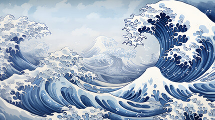 Wall Mural - the great wave, in the style of detailed background elements, light gray and dark blue, naturalistic ocean waves, colorful cartoon, fluid ink washes, mural painting, decorative background