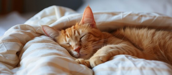 Poster - Peaceful cat napping on comfortable white bedsheet in cozy bedroom interior