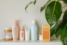 Shelf With Baby Lotion, Powder, And Comb Set Next To A Plant