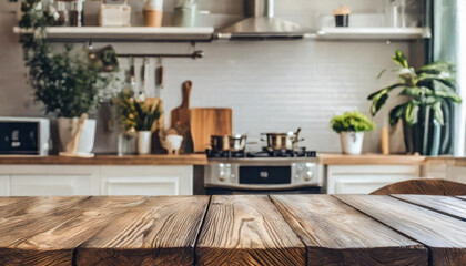 Wooden table on blurred kitchen bench background. Empty wooden table and blurred kitchen background