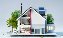 Modern House Building With Solar Panels And Heat Pump Illustration