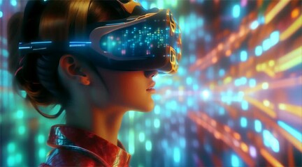 Wall Mural - Woman using virtual reality headset with cityscape background