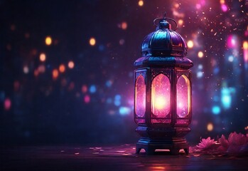 Ramadan Kareem image of a lantern, surrounded by a dreamy bokeh effect and neon lights. Colorful ramadan lantern.