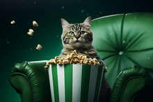 Cute Cat Sitting On Green Leather Armchair And Eating Popcorn.