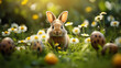 Cute bunny with easter eggs on a green meadow with sunlight, Generative AI