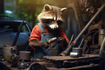 Mechanic raccoon in denim overalls, raccoon doing repairs, funny raccoon repairer working class