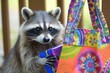 raccoon with gift box inside vibrant gift bag