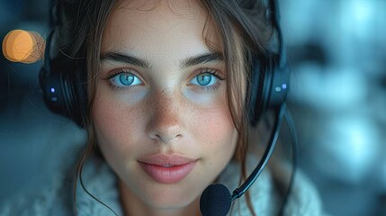 Aufkleber - In a call center, a woman wears a headset while working.