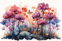 Abstract Meadow Watercolor Flowers With Colorful Square,AI Generative.