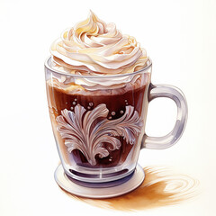 Poster - hot chocolate mug topped with swirls of whipped cream and chocolate shavings watercolor