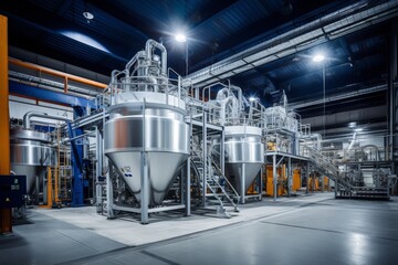 A large industrial batch mixer in a factory setting, surrounded by steel structures and illuminated by overhead lights