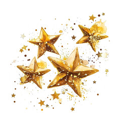 Poster - golden 3d stars set cartoon style watercolor illustration on white background