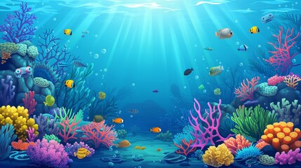 Wall Mural - underwater backdrop of a coral reef with vibrant fish and other marine life in a deep blue ocean