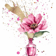 Poster - pink flower in a vase, in the glamour style, golden glitter watercolor illustration on white background