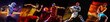 Collage made of competitive, concentrated men, athletes of different sports in motion over black background with mixed lights. Concept of professional sport, competition, tournament, dynamics