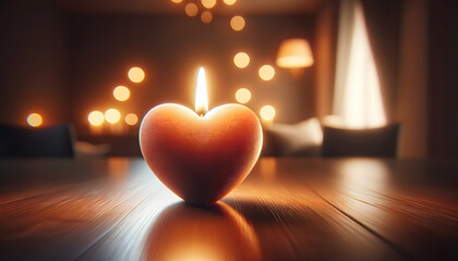 Heart shaped candle on a wooden ground. Romantic love and harmony wallpaper.