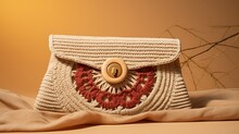 A Vintage-inspired Crochet Clutch For Women, Artisan Craftsmanship, And A Retro Buttoned Closure, Mockup, Showcased On A Matte Clay Surface
