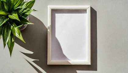 enhancing the mockup overlay in a horizontal, two vertical sheets of textured white paper against a soft gray table background. the natural light creates subtle shadows from an with leaves on table