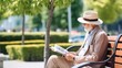 Elderly man with beard and glasses, in beige attire, reading the newspaper alone on a bench, quiet luxury concept, banner with copy space