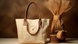 A rustic jute tote bag for women, earthy craftsmanship, and a natural rope handle, mockup, placed against a matte clay backdrop