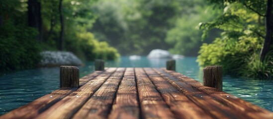 Sticker - Tranquil wooden dock surrounded by nature on calm lake reflecting serene sky