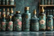 A collection of seven cosmetic bottles adorned with intricate floral patterns is elegantly displayed against a backdrop of blurred shelves filled with similar items.